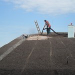 ein Mitarbeiter bringt Dachgartensubstrat auf